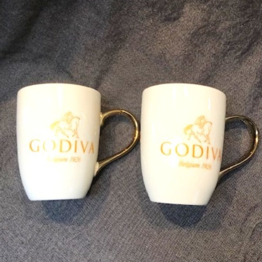 Two White and Gold Godiva Belgium 1926 Porcelain Coffee Mugs